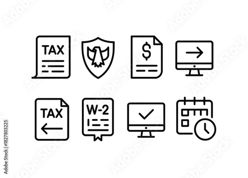 Tax Icons: Illustrating essential concepts such as document, currency, security, deadline, and payment. conveying the financial and legal landscape. 