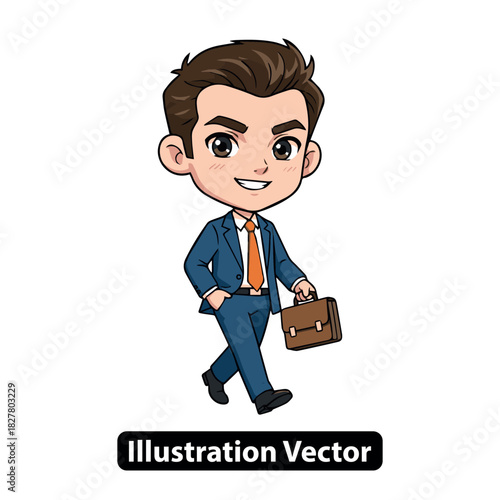 Charming cartoon businessman confidently walking with a briefcase, dressed in a sharp suit and tie