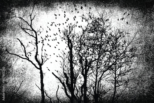 Silhouette of bare trees with flying birds. Gothic style black and white illustration	