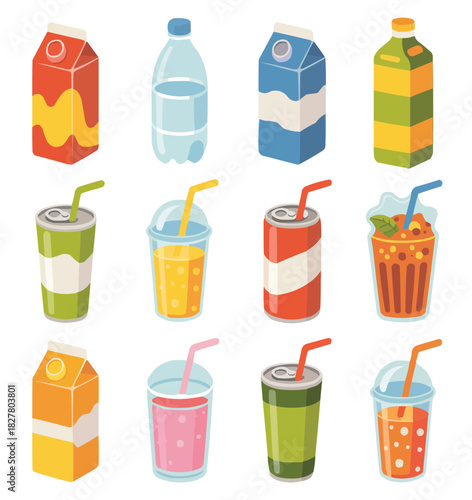 Colorful Beverage Icons  Flat Vector Mini-Illustrations for Kids
