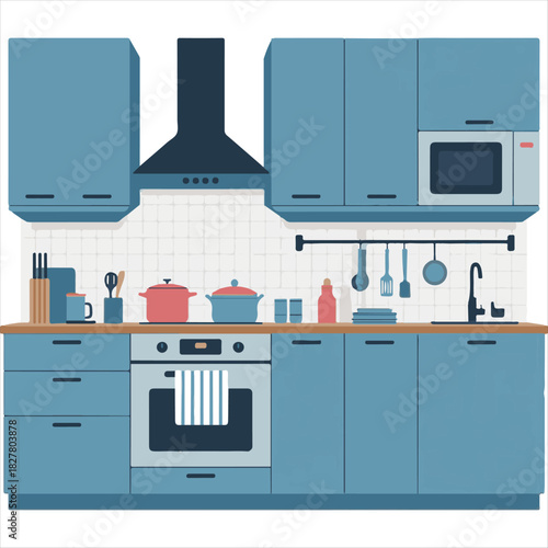 Modern Kitchen Interior Vector Illustration,Blue Modular Kitchen Vector Design,Stylish Home Kitchen with Appliances Vector,Contemporary Kitchen Furniture Vector Art,Clean Modern Kitchen.
