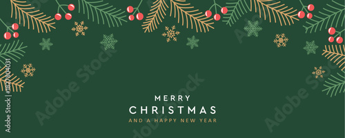 merry christmas card with fir twig and holly berry border decoration vector illustration