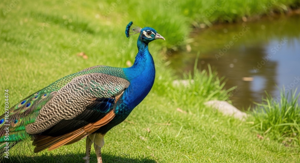 Obraz premium Peacock Near Water with Iridescent Plumage. Colorful Peacock on Grassy Area by Pond. Peacock Showcasing Feathers in Natural Light.