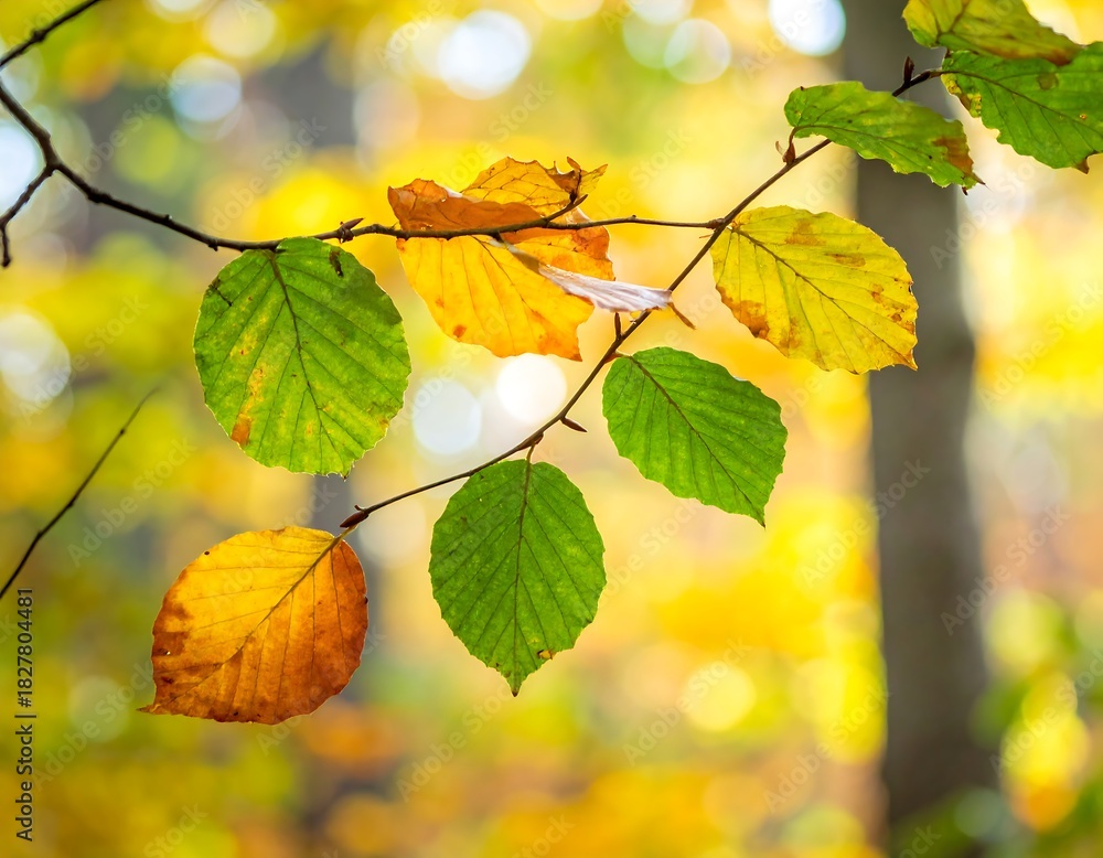 Obraz premium Branch with colorful leaves shows transition from green to yellow/orange against a bright, out-of-focus woodland