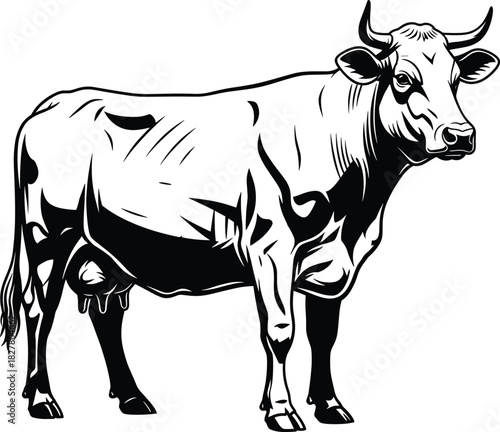 Black and White Dairy Cow Engraving Style Vector Illustration.