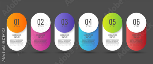 Round infographic elements six steps layout for presentation slides and data visualization.