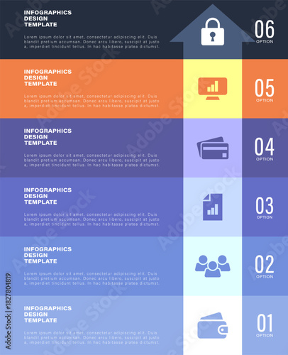 Vertical six-step infographic with bold color blocks and clean iconography. A clear and modern layout ideal for business presentations and workflow explanations.
