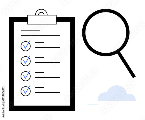 Clipboard with checklist and checkmarks, magnifying glass symbolizing analysis, cloud accent. Ideal for task management, productivity, goal tracking, scrutiny, organization, research evaluation