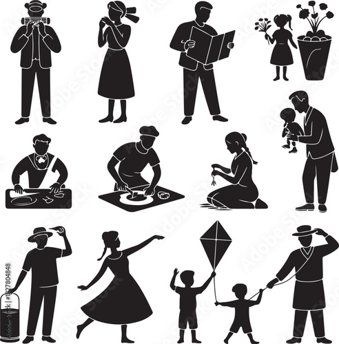 Black and white silhouettes of people doing various activities artwork