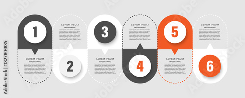 Creative six-step infographic layout with alternating shapes and bold numeric highlights. 
