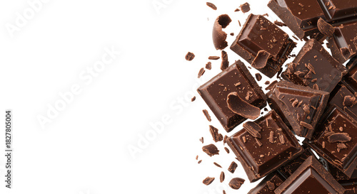 Broken, rich dark chocolate pieces and delicate shavings scattered dynamically on a transparent background with copy space, macro close-up, tempting gourmet indulgence concept