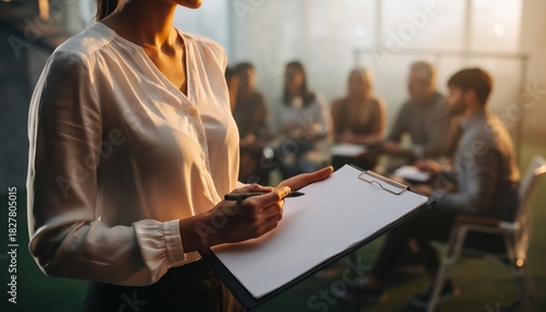 Female facilitator with clipboard leading group therapy and discussion session
