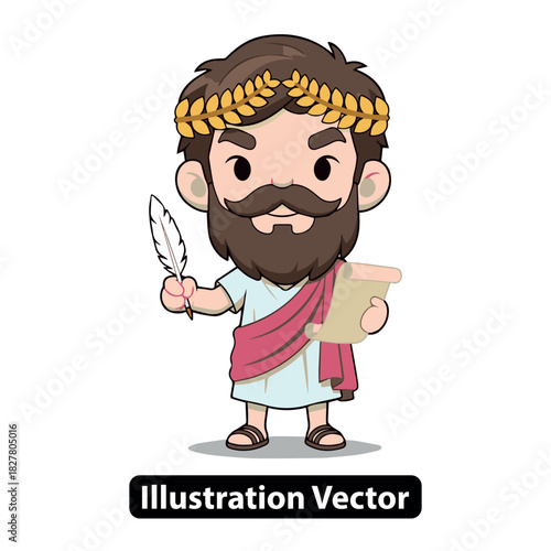 Cartoon depiction of a historical figure from ancient times holding a quill and scroll document