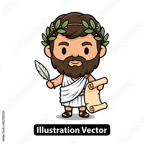 Cartoon Illustration of a Bearded Man in a Toga Holding a Feather and Scroll