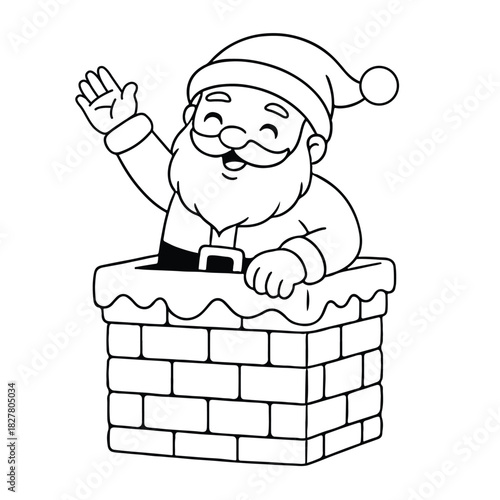 line art of Santa claus showing up from chimney and waving his hand vector