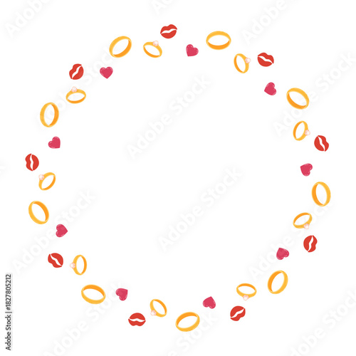 Wedding rings and kisses circle frame. Valentine’s Day round wreath. Vector hand drawn cartoon illustration for packaging design, card templates, decorative border, invitations