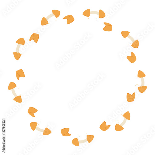 Cracked fortune cookie with message note forming a circle wreath. Round frame of lucky cookies. Vector illustration for gift cards, invitations, packaging with blank copy space