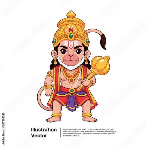 Vibrant illustration of a mighty monkey deity holding a golden mace, representing strength and devotion in ancient folklore