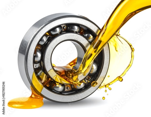 Bearing receives cascading, golden oil against a white background, lubrication in action