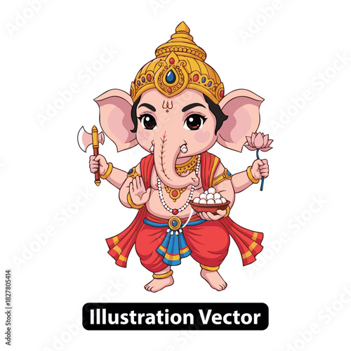Cute cartoon depiction of Lord Ganesha, the Hindu elephant god, holding a lotus and sweets