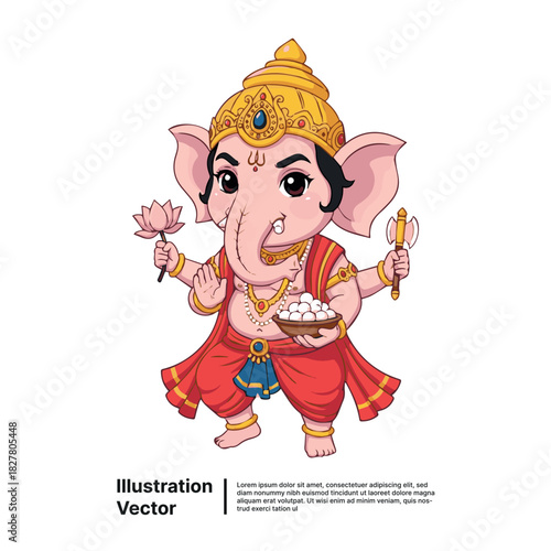 Cute Cartoon Ganesha with Sweets, Lotus, and Ax - Hindu God Illustration