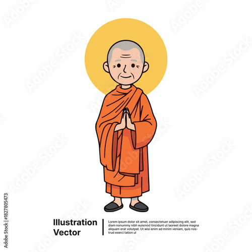 Illustration of a Smiling Monk in Orange Robes with Hands Together in a Traditional Pose
