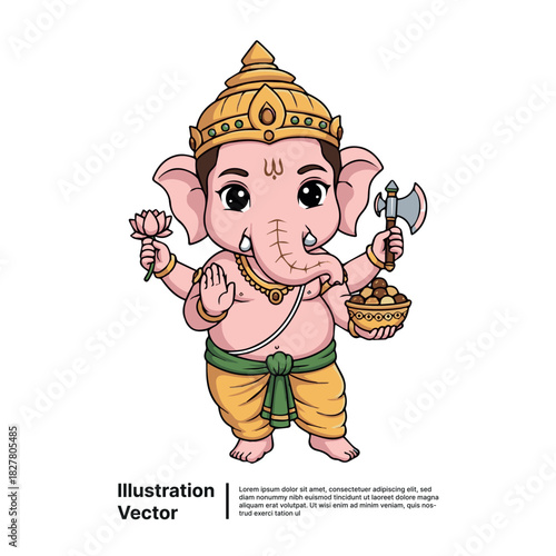 Adorable cartoon Ganesha illustration, a revered elephant deity holding a lotus flower and traditional offerings, symbolizing wisdom and prosperity in a charming design
