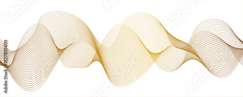 Minimalist abstract wave design consisting of smooth, flowing white and golden lines on a white background. Flowing, and Dynamic Ribbon Pattern of Thin, Intertwined Lines. 