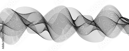 Abstract black and Cyan Gradient Wave Line Art with Smooth, Flowing, and Dynamic Ribbon Pattern. Spaced and curve in white background, with forming symmetrical sine wave shapes and depth.