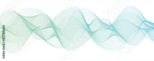 Abstract Light green and Cyan Gradient Wave Line Art with Smooth, Flowing, and Dynamic Ribbon Pattern. Spaced and curve in white background, with forming symmetrical sine wave shapes and depth.