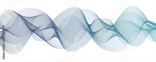 Abstract Light Blue and Cyan Gradient Wave Line Art with Smooth, Flowing, and Dynamic Ribbon Pattern. Spaced and curve in white background, with forming symmetrical sine wave shapes and depth.