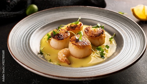 A Plate Of Perfectly Seared Scallops Served With A Citrus Beurre Blanc Sauce And Garnished With Microgreens