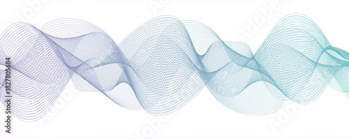 Abstract Light Blue and Cyan Gradient Wave Line Art with Smooth, Flowing, and Dynamic Ribbon Pattern. Spaced and curve in white background, with forming symmetrical sine wave shapes and depth.