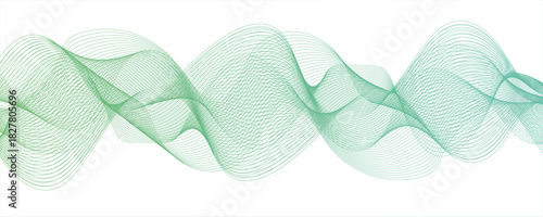 Abstract Light green and Cyan Gradient Wave Line Art with Smooth, Flowing, and Dynamic Ribbon Pattern. Spaced and curve in white background, with forming symmetrical sine wave shapes and depth.