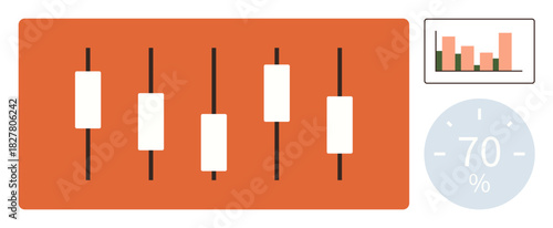 Candlestick charts illustrate price trends alongside a bar graph and percentage indicator. Ideal for finance, data analysis, business growth, stocks, market trends, trading, simple flat metaphor