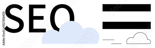SEO text with a light blue cloud and minimalistic black stripes evoking efficiency, strategy, optimization, digital marketing, online trends, content management, and ranking in a simple flat metaphor