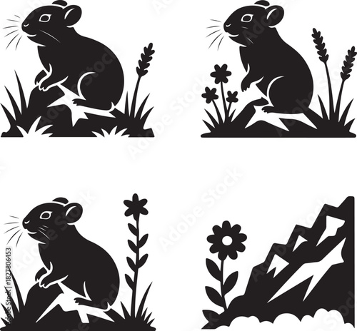 Black and white vector illustration of cute hamster with flowers and grass