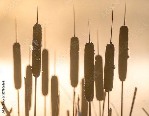 Cattails are backlit by a hazy, golden light, creating an ethereal and warm atmosphere