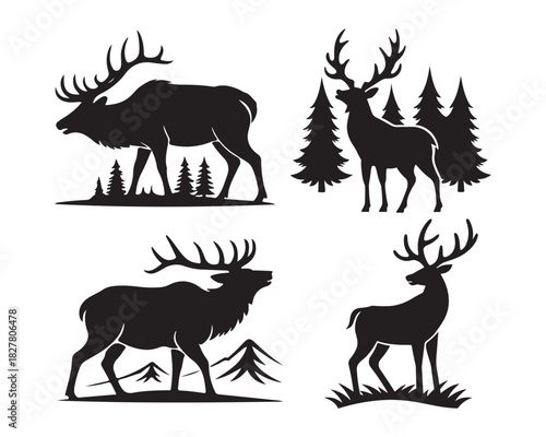 Elk in forest with antlers vector silhouette illustration design set collection, hunting theme elk, elk in trees vector design, wild elk standing illustration, 