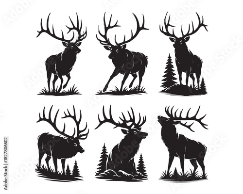 Elk in forest with antlers vector silhouette illustration design set collection, hunting theme elk, elk in trees vector design, wild elk standing illustration, 