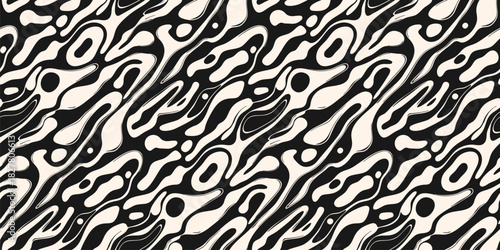 Trending natural background with liquid lines, fluid shapes, spots, biologic structures. Abstract black and white vector seamless pattern with organic shapes. Endless wavy texture. Repeated design