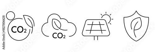 Eco co2 circle, green cloud, solar panel, leaf shield icon vector illustration for renewable energy use.