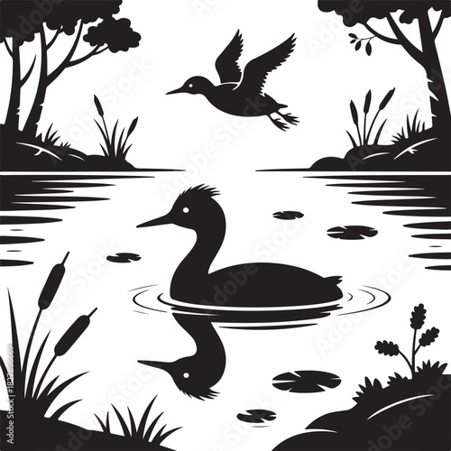 Black and White Vector Illustration of Ducks in a Calm Pond Scene