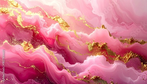 繊細なピンクと白の流体に金色のきらめくラインが走る、優雅で高級感のあるアルコールインク抽象背景