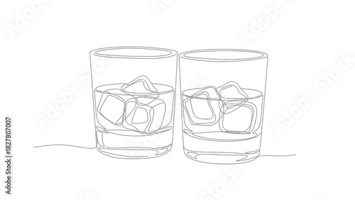 Whiskey Glasses with Ice Cubes Line Art – Alcohol Drink Illustration for Bar & Cocktail Design
