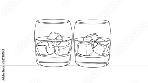 Whiskey Glasses with Ice Cubes Line Art – Alcohol Drink Illustration for Bar & Cocktail Design