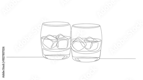 Whiskey Glasses with Ice Cubes Line Art – Alcohol Drink Illustration for Bar & Cocktail Design