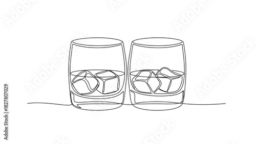 Whiskey Glasses with Ice Cubes Line Art – Alcohol Drink Illustration for Bar & Cocktail Design