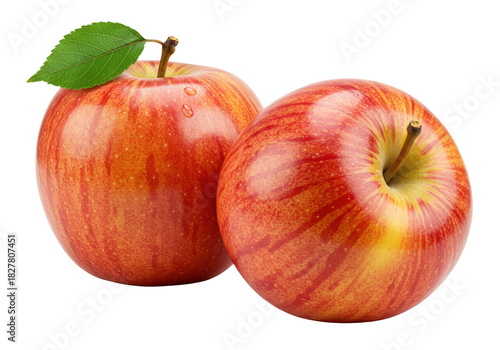 Two fresh, ripe gala apples with vibrant red and yellow striped skin, one with a dewy green leaf, on a shadowless white background with copy space. Concept of healthy eating and freshness