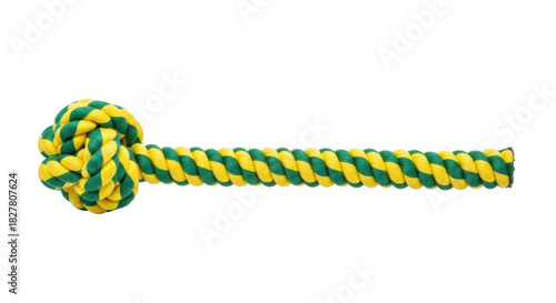 Isolated knotted rope toy with green and yellow twist for dogs, pets, or animals